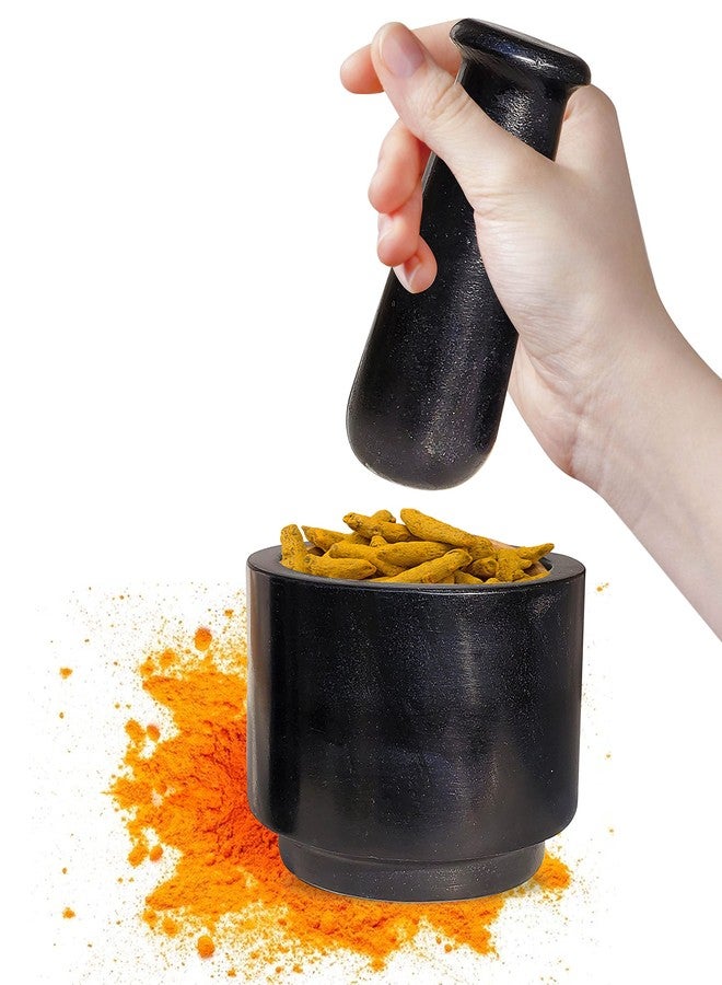 بيور سورس انديا طقم هاون ومدقة من حجر الرخام الأسود من بيور سورس إنديا للتوابل، هاون ومدقة، حجر خلباتا، خرال، خلاط، مطحنة طبيعية وتقليدية، موسال، مطحنة أعشاب، 5 بوصة - Image 2